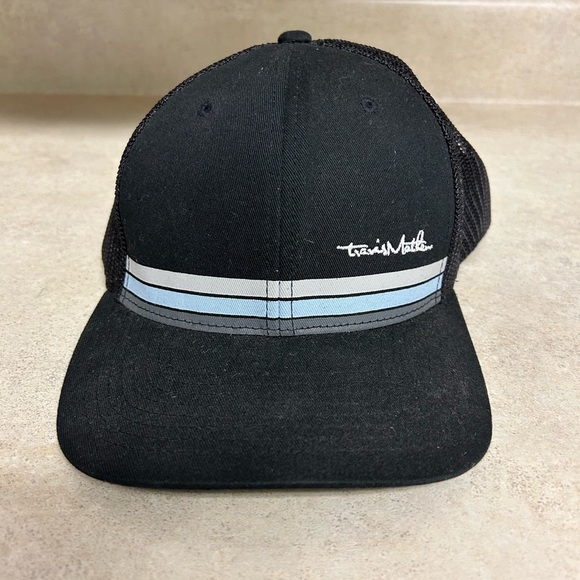 Travis Mathew’s men’s Black Trucker Hat with Blue Stripe - Picture 1 of 4
